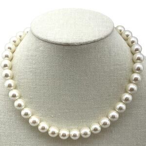 Faux White Pearl Chocker Necklace w/ Adjustable Gold Tone Chain Hook Clasp 15"